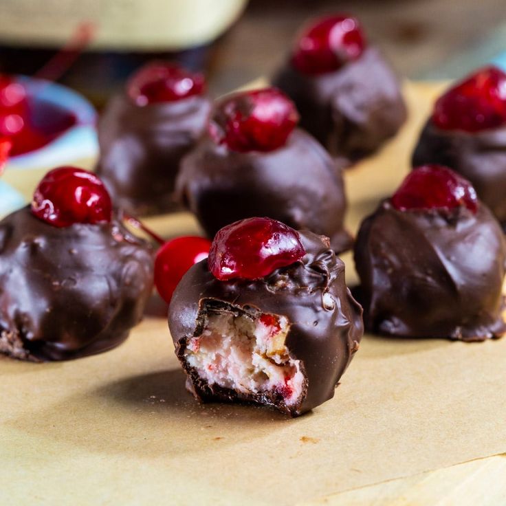 chocolate covered cherries with one bite taken out