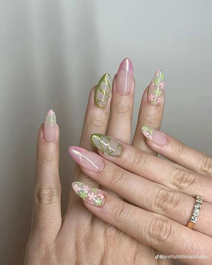 Green And Pink Nails Aesthetic, Blush Pink And Sage Green Nails, Nail Designs Fairycore, Mint Almond Nails Design, Pink Nails With Leaves, Pink And Green Almond Nails Design, Pink Nails With Green Flowers, Mint Green Nails With Flowers, Green And Pink Almond Nails