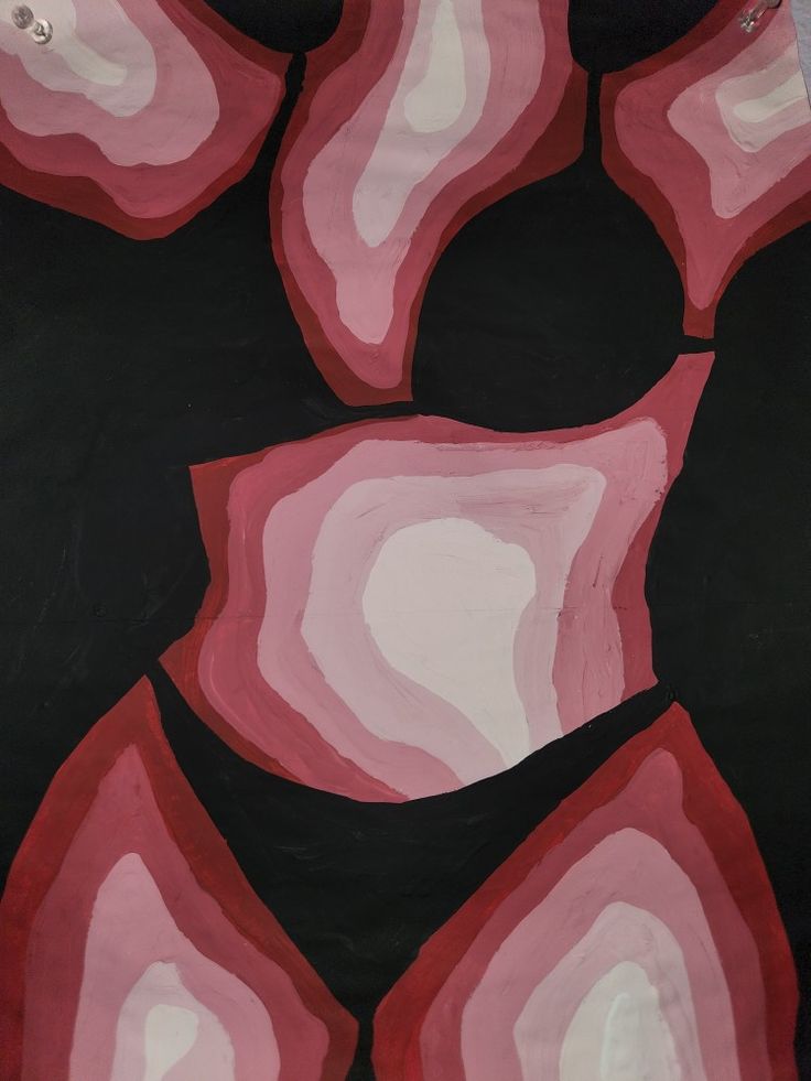 an abstract painting with pink and black shapes on a black background that appears to be acrylic