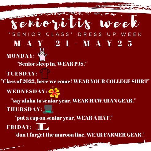 a poster with the words seniors week in white and red ink on a maroon background