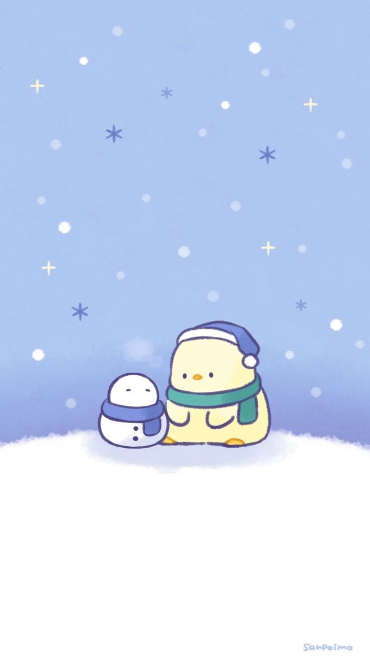 a cartoon penguin and snowman are standing in the snow