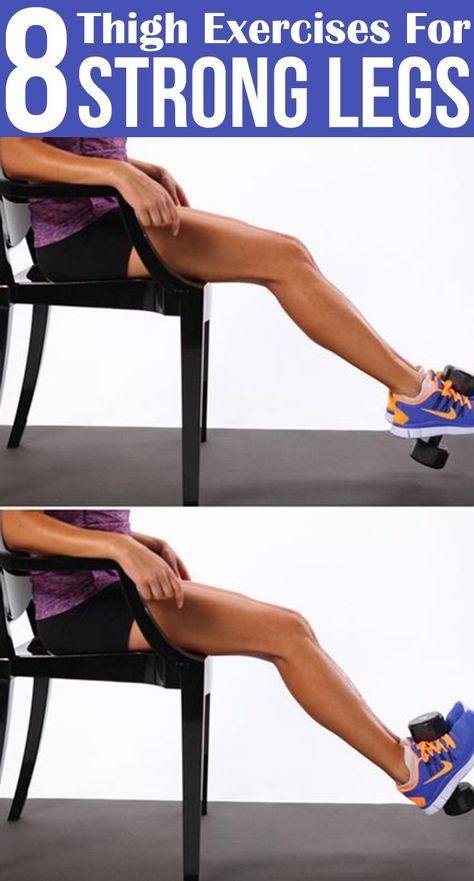 a woman sitting in a chair with her legs crossed and the words, eight exercises for 8 strong legs