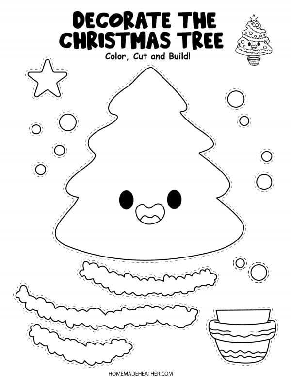 a christmas tree cut out with the words, decorate the christmas tree color and build