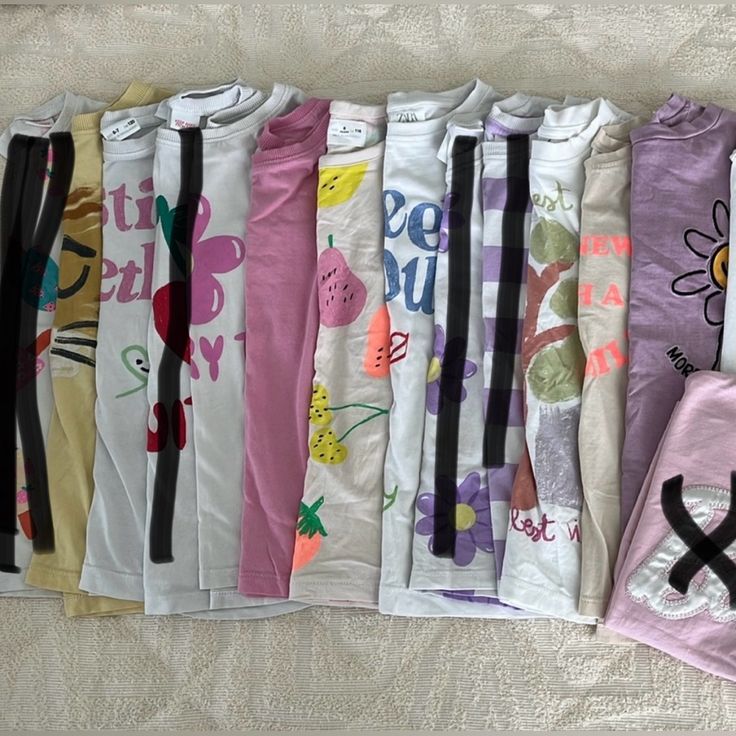 10 Total. Size 6. All Gently Worn A Few Times- Very Minor Marks Or 2-3 Of Them. *A Few Have Been Sold In A Separate Listing. Multicolor Spring T-shirt For Playwear, Playful White T-shirt For Loungewear, Playful Purple Summer T-shirt, Purple T-shirt For Summer Loungewear, Summer Purple T-shirt For Loungewear, Purple Graphic Print Tops For Loungewear, Trendy White T-shirt For Playwear, Trendy White Top For Playwear, Trendy White Top