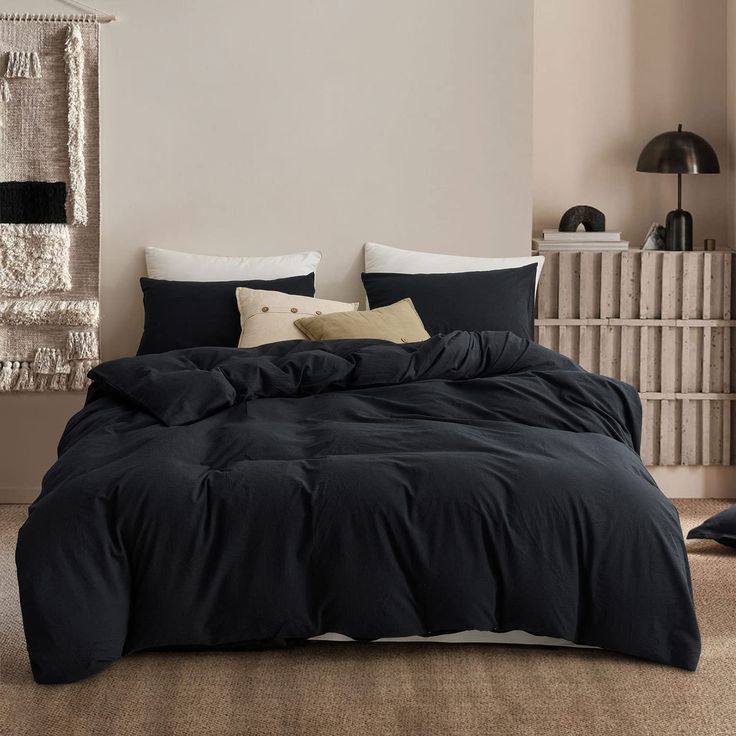 PRICES MAY VARY. 【 MATERIAL】100% Natural Cotton With 210 Thread Count. 【3 PCS】3-pieces duvet cover king size set includes 1 Duvet cover 104’’x90’’, 2 pillow shams 36’’x20’’(comforter or duvet insert is not included). The zipper closure allows you to install and remove the comforter easily. The four corner ties ensure that your comforter remains in place underneath the cover. 【INNOVATIVE COTTON PROCESS】 Under special cotton treatment process, our color and texture of duvet cover set have an outst Edgy Bedroom, Bedding Set Black, Black Bedspread, Black Comforter Sets, Black Bed Sheets, Black Comforter, Black Duvet, Style Bedding, Black Duvet Cover