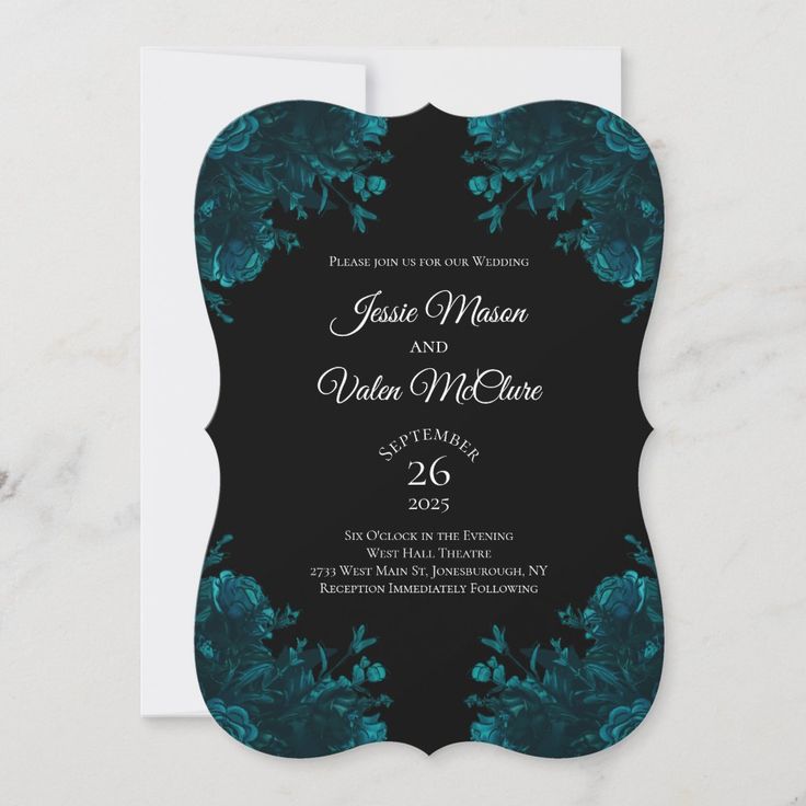 a black and teal floral wedding card