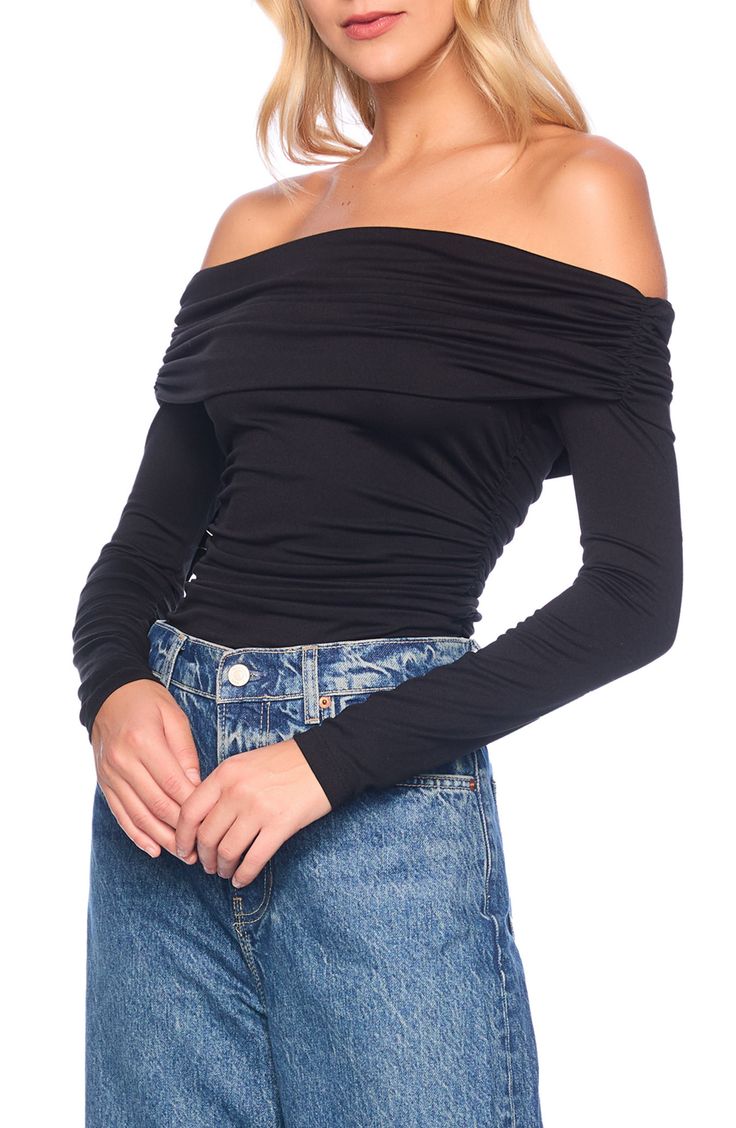 Fall for the stretchy fit of this shoulder-baring top designed with a dramatic neckline fold. Off-the-shoulder neck Long sleeves 94% nylon, 10% spandex Hand wash, dry flat Made in the USA Off The Shoulder Top Black, Black Off-shoulder Top For Date Night, Fitted Black Casual Off-shoulder Top, Chic Black Stretch Off-shoulder Top, Black Stretch Long Sleeve Off-shoulder Top, Black Stretch Off-shoulder Top In Elastane, Nordstrom Store, Black Fits, Monaco