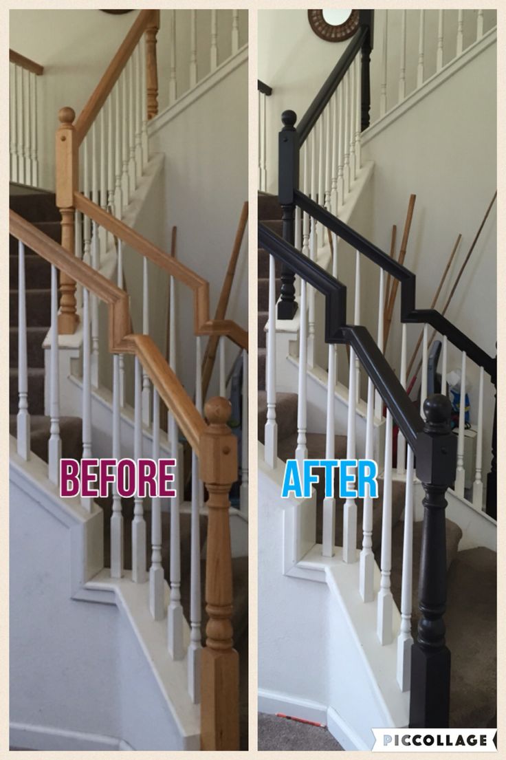 before and after photos of a stair railing