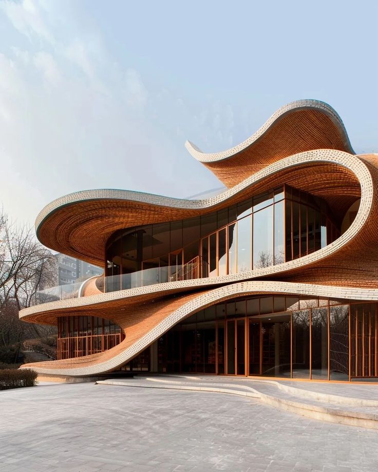 an unusual building that looks like it is made out of wood and has curved windows