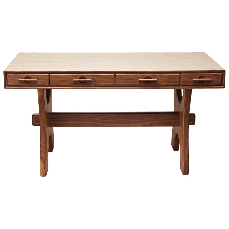 a wooden table with three drawers on one side and two legs at the other end