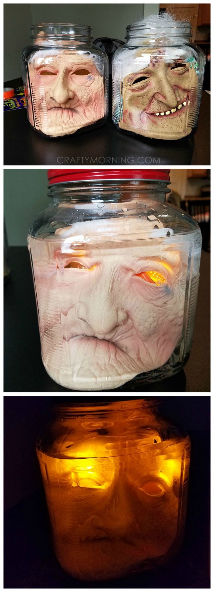 two jars with faces in them, one has glowing eyes and the other has an open mouth