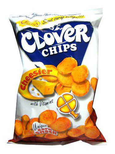 a bag of clover chips with cheese on the top and in the middle