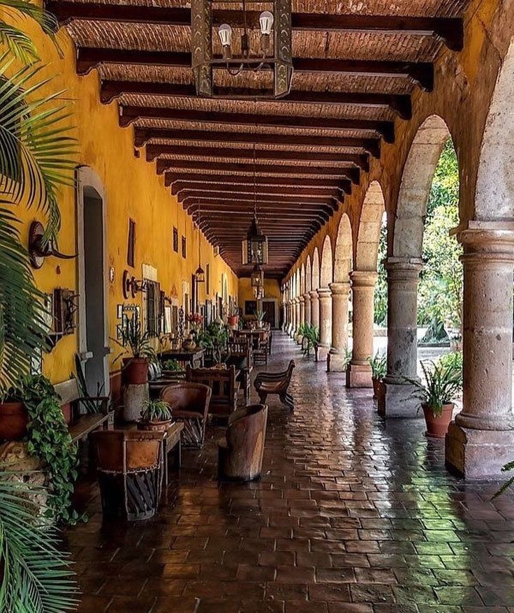 an outdoor area with tables, chairs and potted plants on either side of the walkway