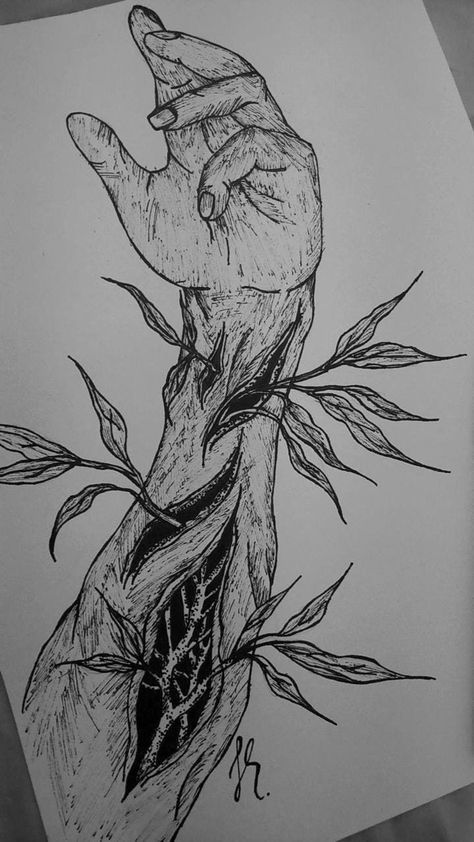 a drawing of a hand reaching out from behind a tree branch with leaves on it