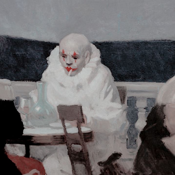 an oil painting of two people sitting at a table with one person dressed as a clown