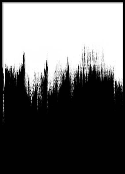 an abstract black and white painting with brush strokes on it's edges in the shape of trees