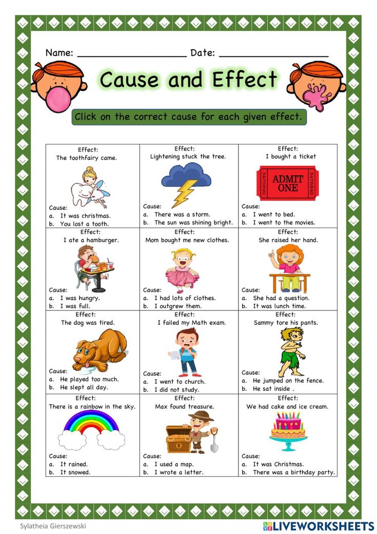 cause and effect worksheet for kids with pictures on the page, which is also in