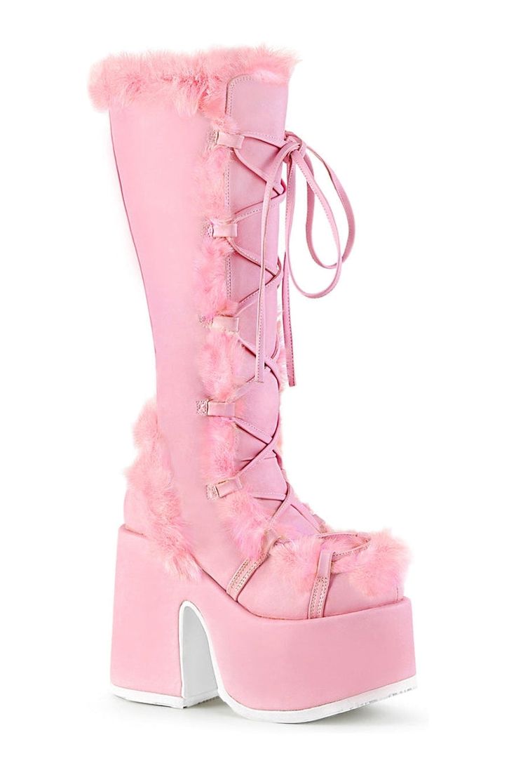 5" Chunky Heel, 3" Platform Lace-Up Knee High Boot, Side Zipper - Fit Guide: Women's US Size Shown - Heel: 5" Heel, 3" Platform - Brand: Demonia - Country of Origin: Imported Emo Boots, Pink Platform Boots, Demonia Boots, Fluffy Boots, Concert Wear, Demonia Shoes, Leather Knee Boots, Pink Platforms, Pink Faux Fur