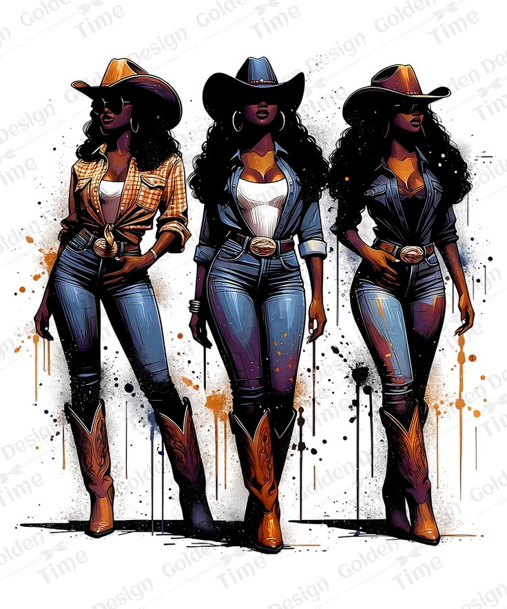 three women in cowboy hats and jeans standing next to each other with orange paint splatters on them