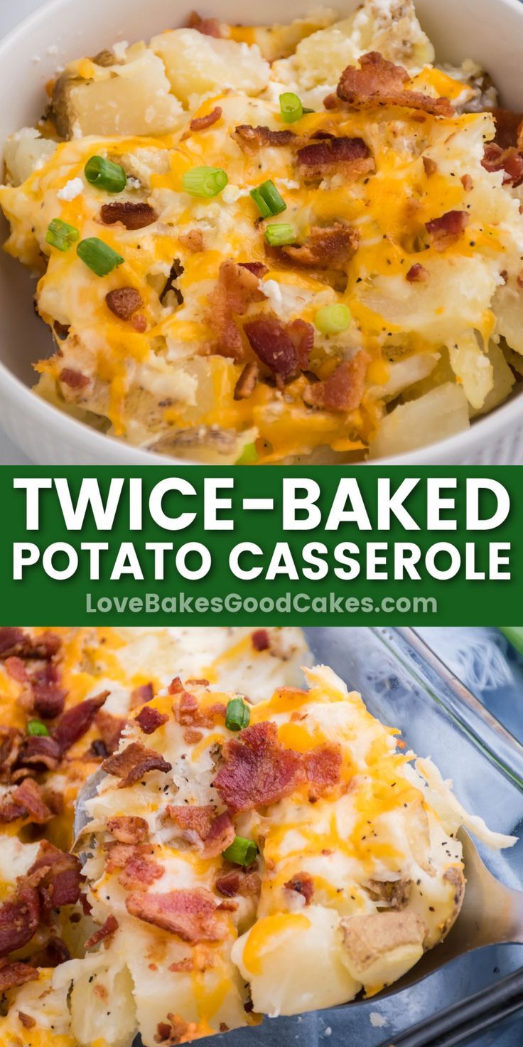 Twice-Baked Potato Casserole pin collage Potluck Potatoes Casserole, Twice Baked Potatoes Easy Casseroles, Twice Baked Potato Casserole With Bacon, Twice Baked Potato Casserole Recipe Easy Food Network, Starch Recipes, Easy Twice Baked Potatoes, Twice Bakes Potato’s, Loaded Baked Potato Casserole, Gluten Free Recipes Side Dishes