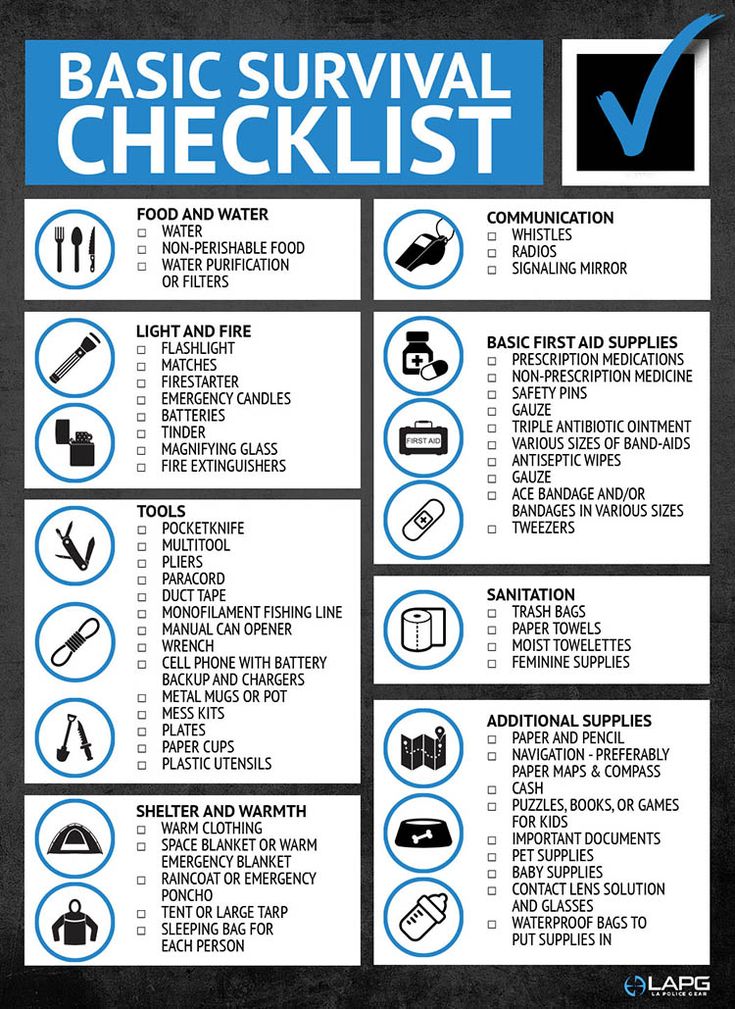 the basic survival checklist is shown in blue and white