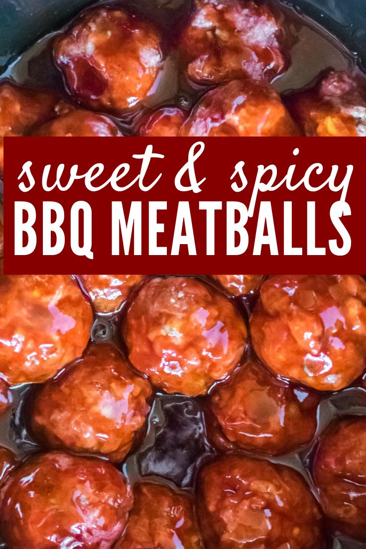 sweet and spicy bbq meatballs in the slow cooker with text overlay