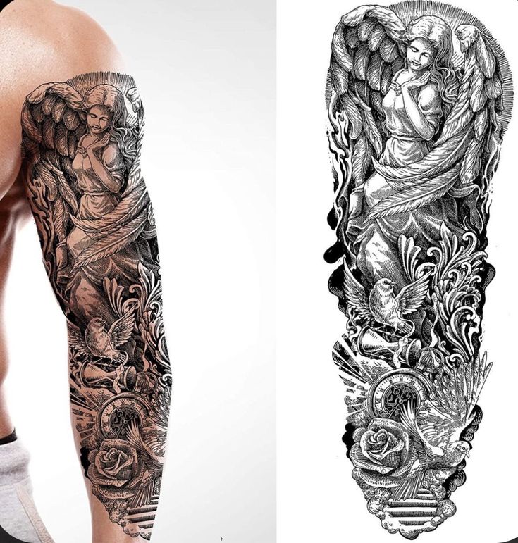 Men’s Shoulder Sleeve Tattoo, Time Sleeve Tattoo For Men, Two Sleeves Tattoo, Mens Tattoo Sleeve Filler Ideas, Men Shoulder Sleeve Tattoo, Tattoo Sleeve Collage, Tattoo Sleeve Themes For Men, Tattoo Full Arm Men, Angel Full Sleeve Tattoo