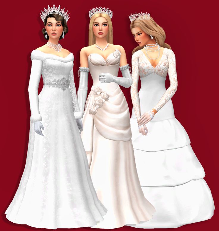 three brides in white gowns and tiaras standing next to each other on a red background