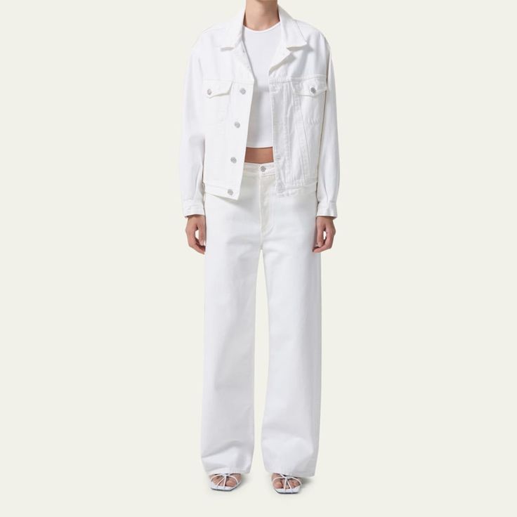 AGOLDE wide-leg jeans in white non-stretch denim  Five-pocket style Low rise Relaxed, baggy fit Full length Button/zip fly; belt loops Cotton Imported White Jeans For Workwear, White Wide Leg Work Pants With Five Pockets, Modern White Straight Leg Wide Pants, White Wide Leg Pants With Five Pockets, Modern White Pants With Pockets, White High Rise Wide Leg Pants With Relaxed Fit, White Cotton Wide Leg Pants With Belt Loops, Trendy White Wide Leg Pants With Pockets, Modern White Wide Leg Pants With Pockets