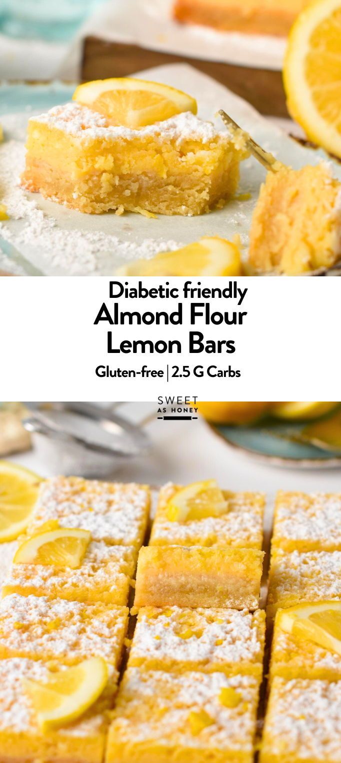 lemon bars with powdered sugar on top and the words diabeti's family almond flour