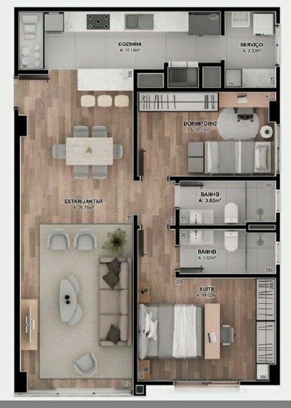 an apartment floor plan with three bedroom and two bathroom areas, including the living room