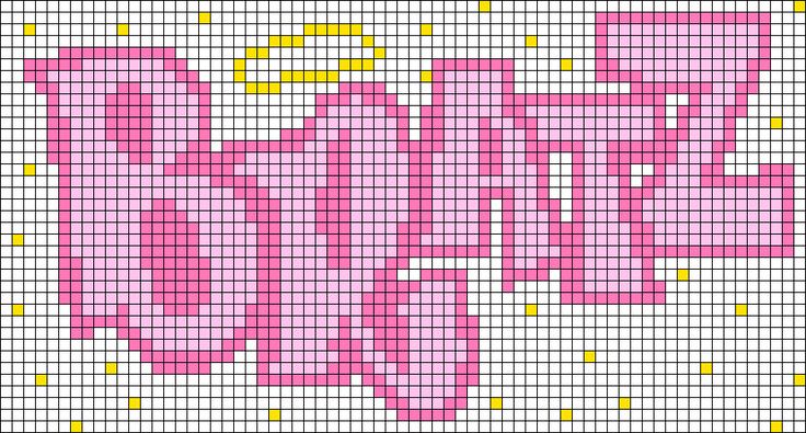 a cross stitch pattern with pink and yellow dots on it's edges, in the shape of letters that spell out love