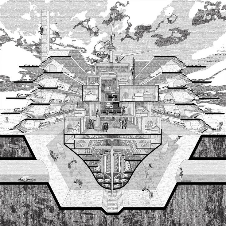 a drawing of a futuristic city surrounded by clouds