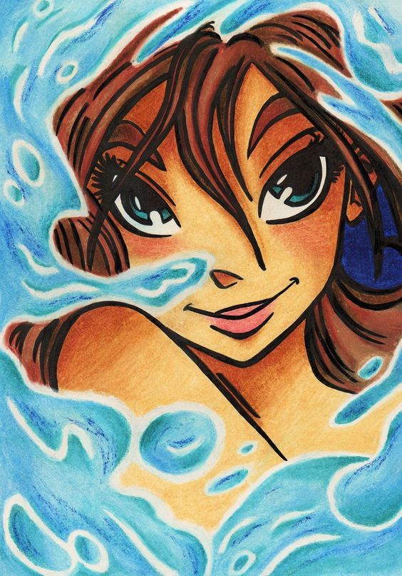 a drawing of a woman in the water with her eyes closed and hair blowing back