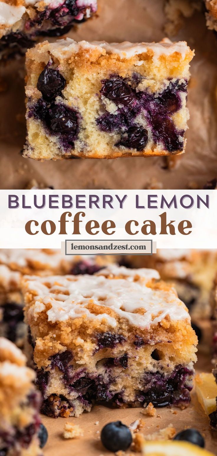 blueberry lemon coffee cake is cut in half and stacked on top of each other