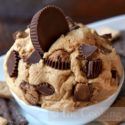 a chocolate chip cookie ice cream in a white bowl