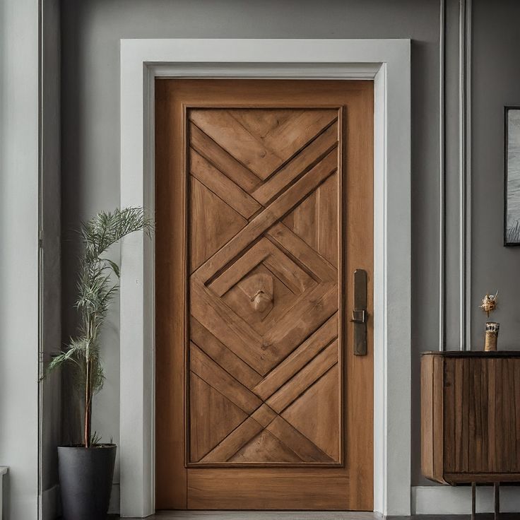 a wooden door in the middle of a room with potted plants on either side