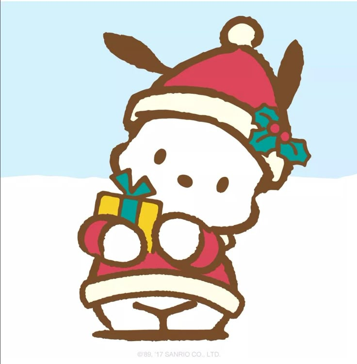 a drawing of a hello kitty wearing a santa hat and holding a gift box in the snow