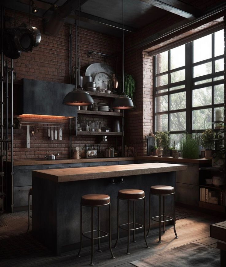 an industrial style kitchen with brick walls and flooring, bar stools, open shelving unit and large windows