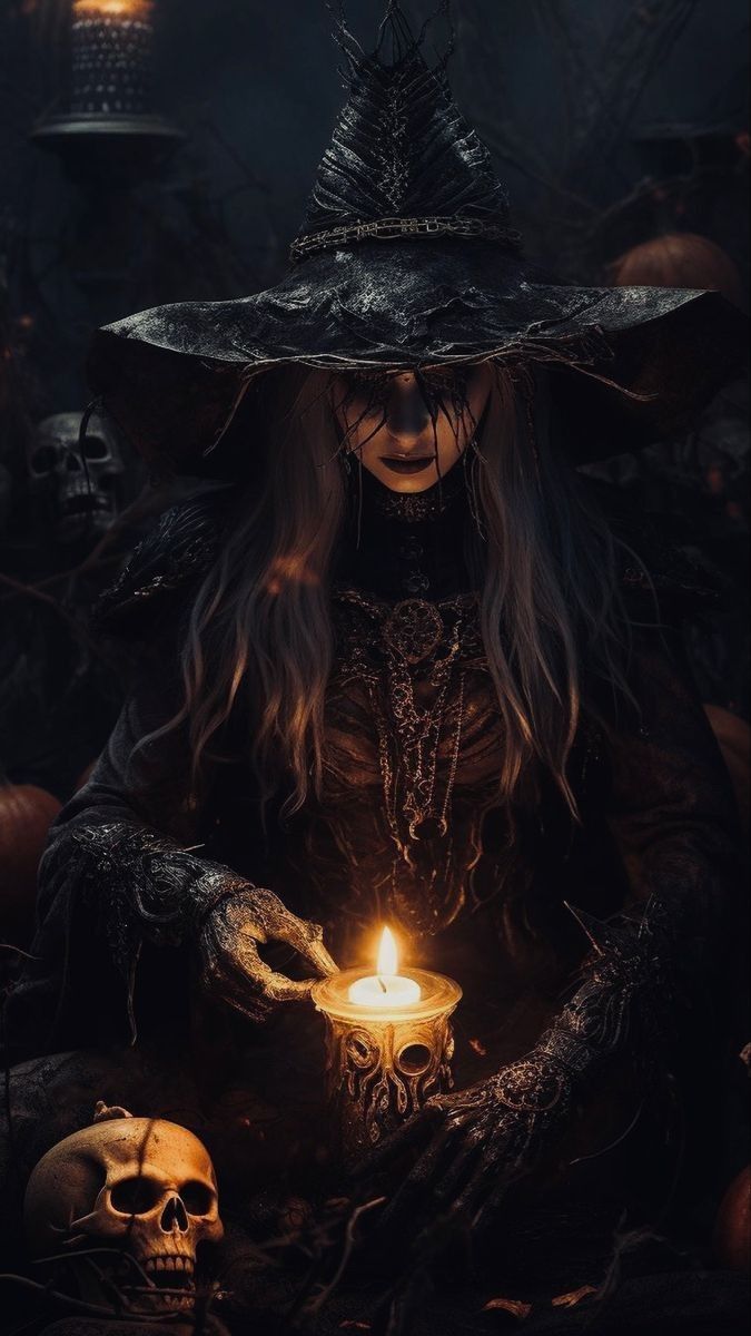 a woman dressed as a witch holding a candle in her hands with skulls around her