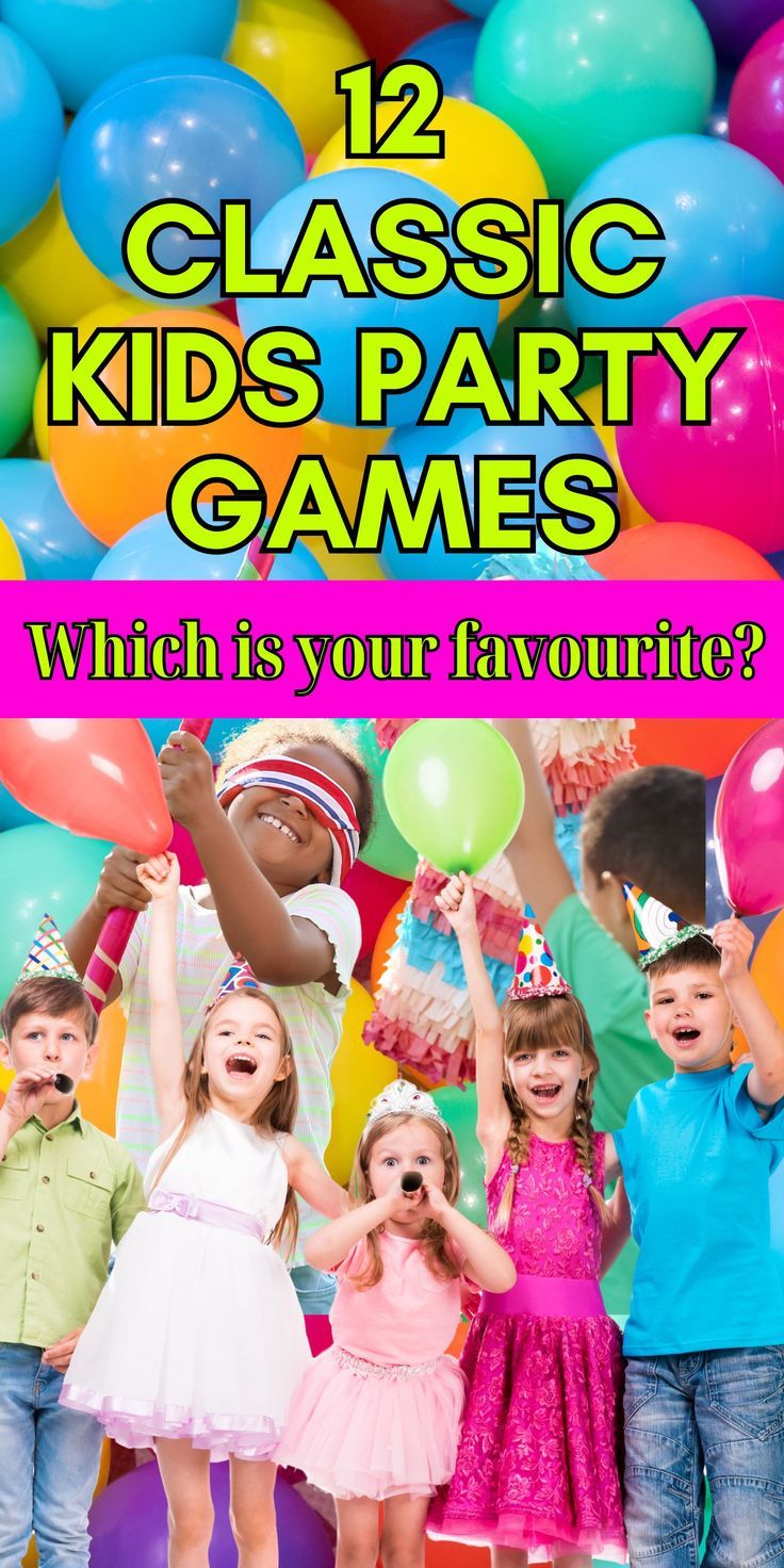 kids party games with balloons in the background and text that reads, 12 classic kids party games which is your favorite?