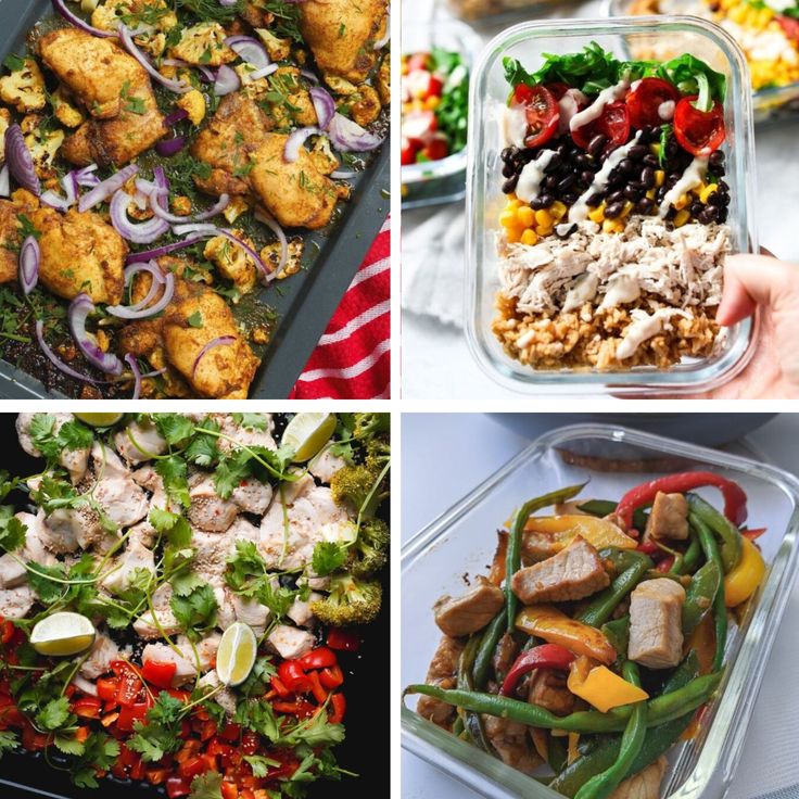 four different pictures with food in them including salads, chicken and veggies