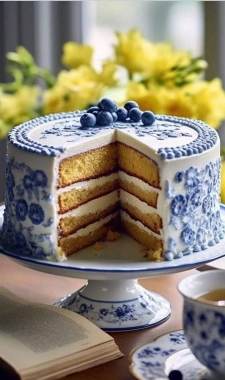 a blue and white cake sitting on top of a table next to a cup of coffee