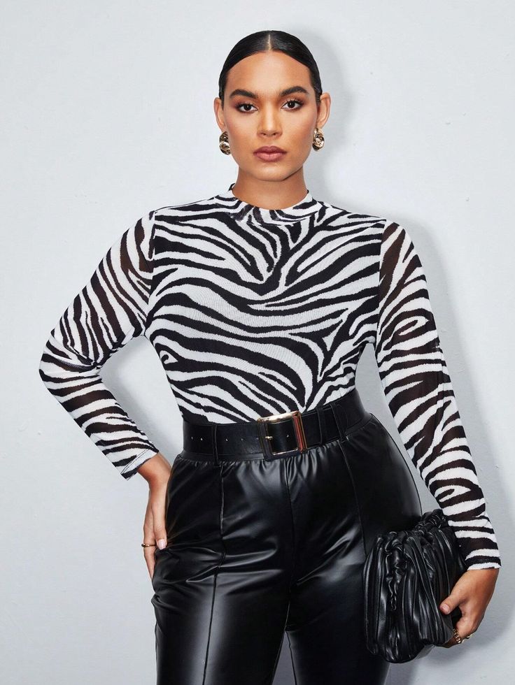 SHEIN BIZwear Plus Zebra Striped Mock Neck Tee | SHEIN USA John Summit, Engagement Photo Outfits Fall, Mock Neck And T Shirt, Sheer Mesh Top, Black Mesh Top, Turtleneck T Shirt, Plus Size Black, White Zebra, Estilo Hip Hop