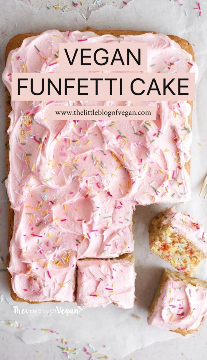 vegan funfetti sheet cake with pink frosting and sprinkles