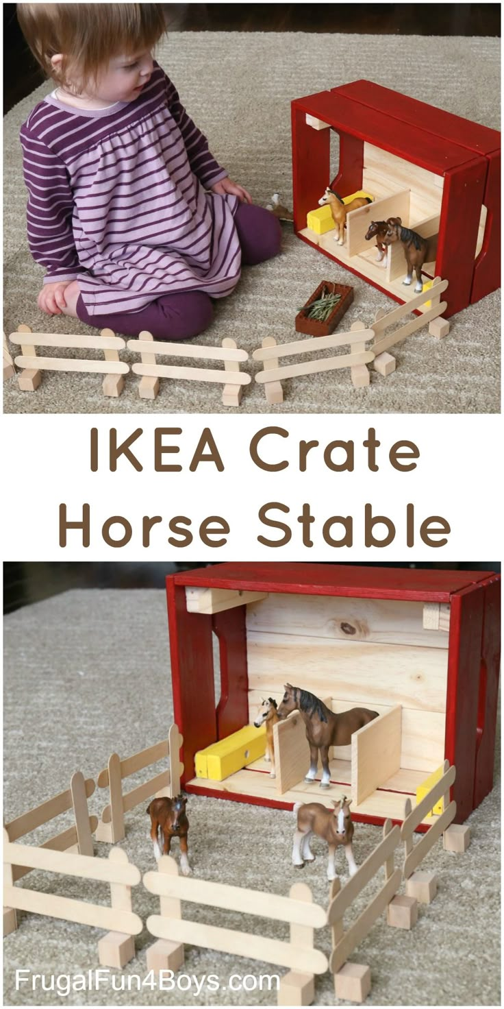 IKEA Hack:  Turn a Knagglig Wooden Crate into a Horse Stable for Toy Horses!  This would make a fun gift. Ikea Crates, Toy Horse Stable, Toy Barn, Toy Horses, Barn Wood Crafts, Horse Stable, Horse Crafts, Horse Diy, Toy Horse