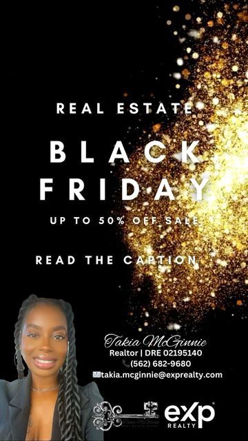 an advertisement for the real estate black friday event with a woman in a suit and tie