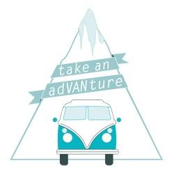 a blue and white van is in front of a mountain with the words take an adventure on it