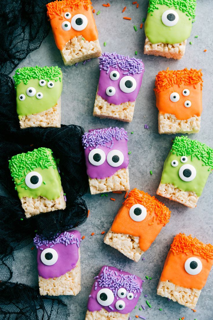 halloween rice krispy treats with eyes on them