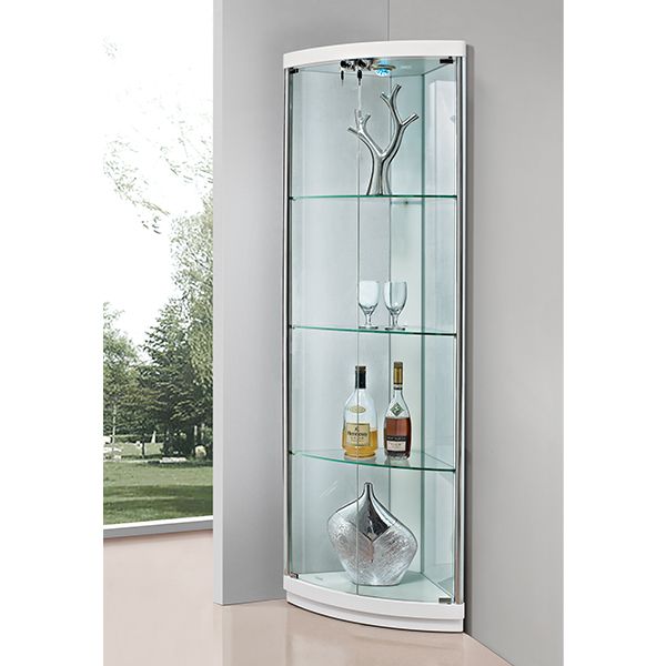 a curved glass display case with bottles and glasses